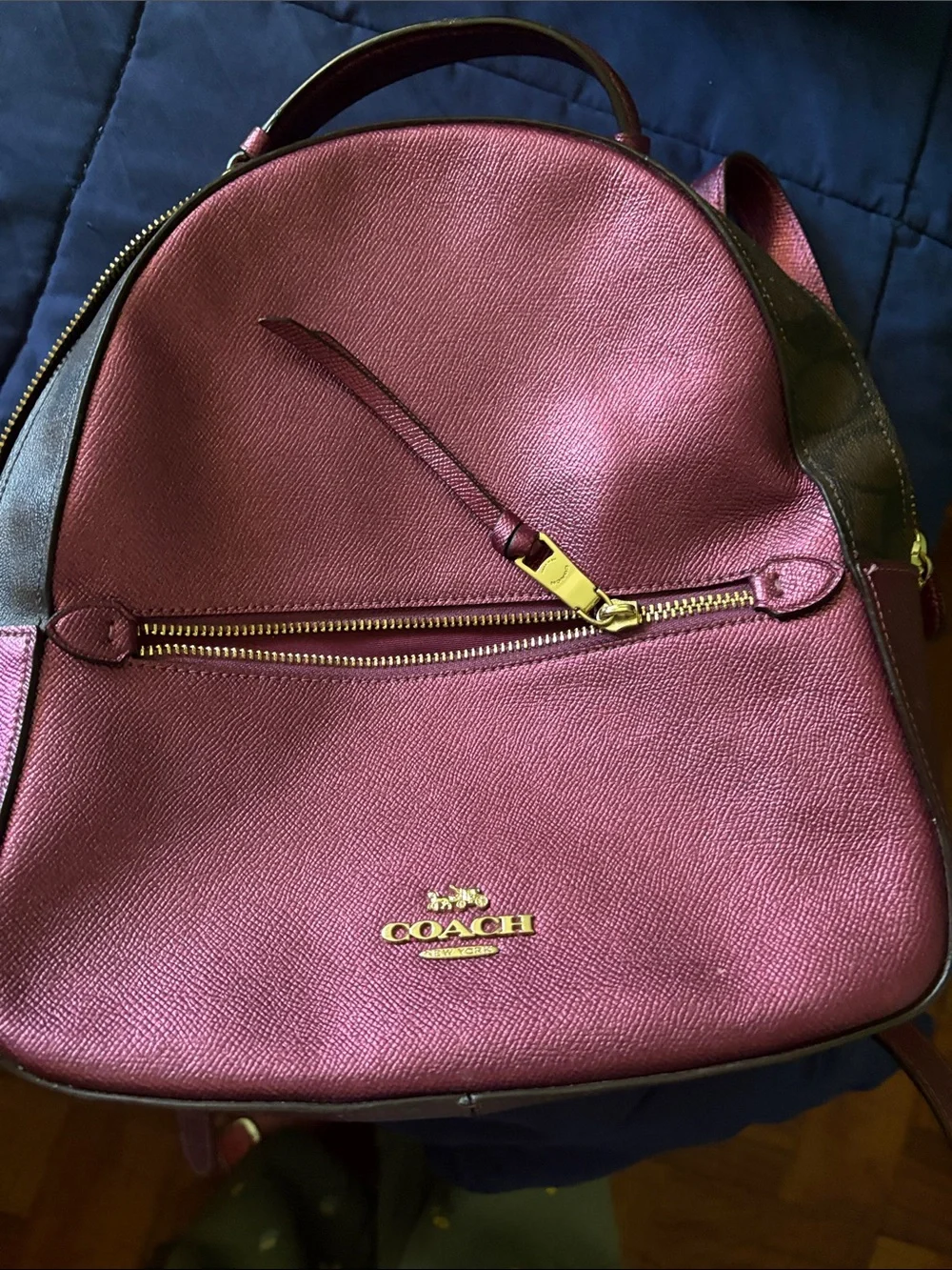 COACH Metallic Berry Pink Leather Backpack with Gold Hardware